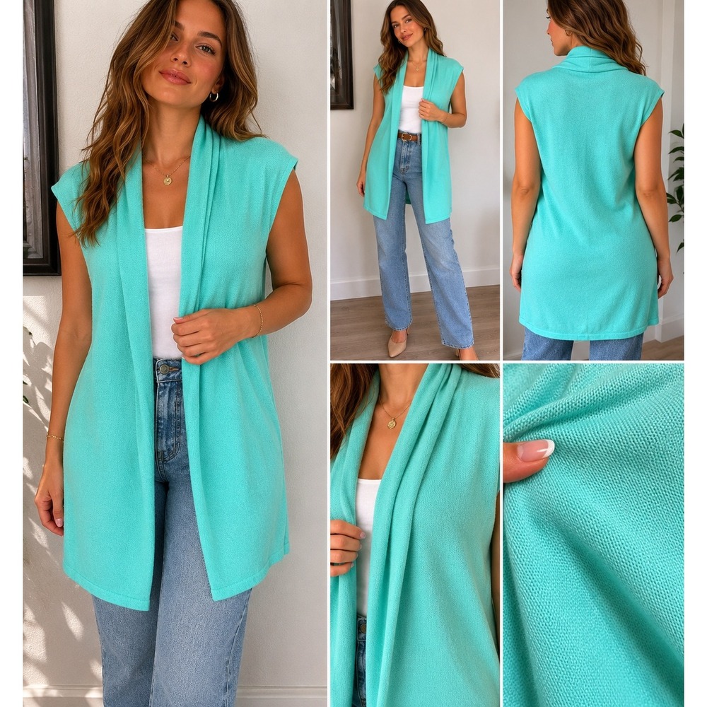 Tahari 100% Cashmere Longline Sleeveless Cardigan Aqua Blue Duster Small